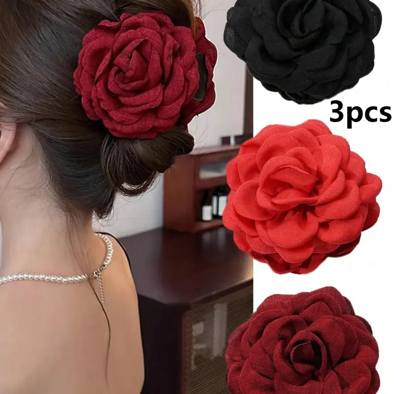 Elegant Large Rose Hair Clip Set, 3pcs Women's Multi-Layered Hair Claws, Flower Claw Clips, Floral Hair Accessories, Hair Style Accessory, Perfect for Updos, Parties, and Daily Wear