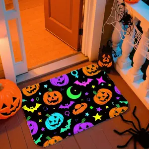 Neon Glow-in-the-Dark Halloween Door Mat with Glowing Jack-O'-Lanterns, Bats & Spiders - Non-Slip Backing, Soft Indoor/Outdoor Welcome Mat for Front Door, Kitchen, Bathroom - Easy Hand Wash