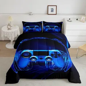 Gamer Luxury Bedding Set,Video Game Gamepad Designer Comforter Set,Gaming Headset Comforter,Breathable Blue Game Controller Duvet Set,Quilt Set
