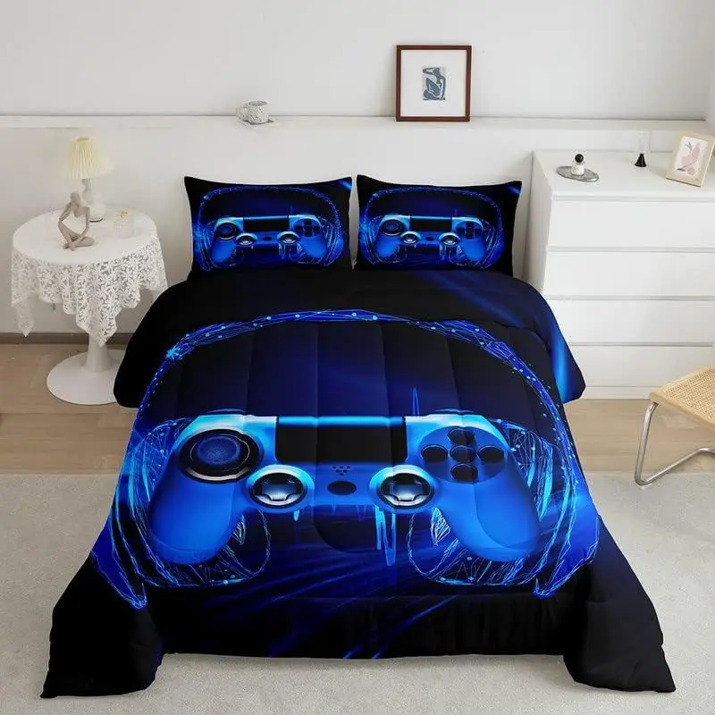 Gamer Luxury Bed Set - Video Game Gamepad-Designed Comforter, Gaming Headset-Themed Quilt, Breathable Material Blue Game Controller Duvet Set, Bed Sets