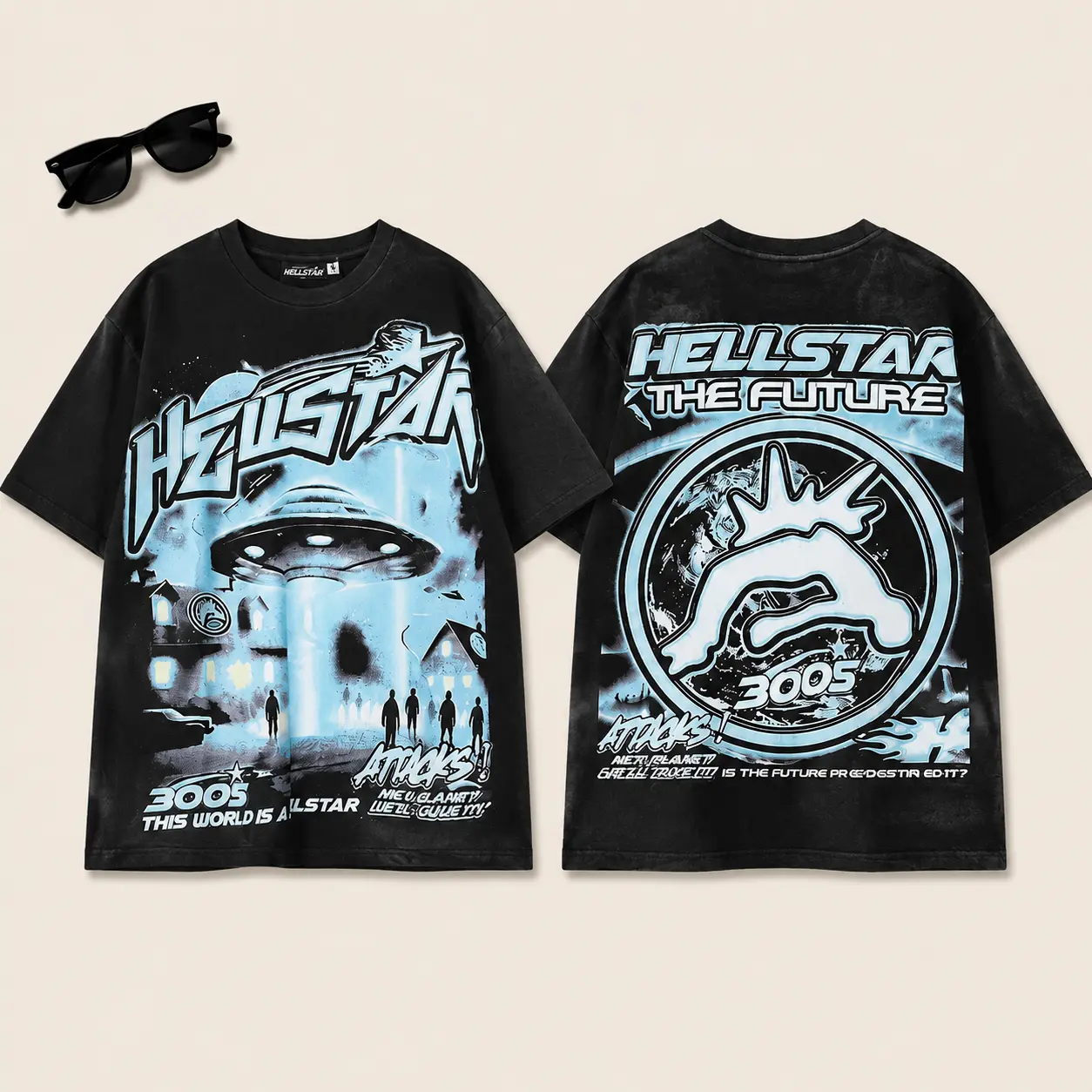 Hell star UFO Alien Graphic T Shirt TikTok Viral Futuristic Streetwear Tee Black Washed Oversized Y2K Cybercore Hip Hop Harajuku Short Sleeve Top Unisex Summer Rave Festival Outfit Men Women