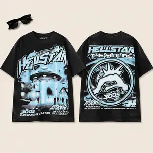 Hell star UFO Alien Graphic T Shirt TikTok Viral Futuristic Streetwear Tee Black Washed Oversized Y2K Cybercore Hip Hop Harajuku Short Sleeve Top Unisex Summer Rave Festival Outfit Men Women