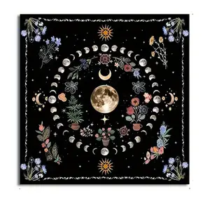 Moon and Flower Tarot Cloth Tapestry - Decorative Tarot Cloth with Moon Phases and Floral Designs