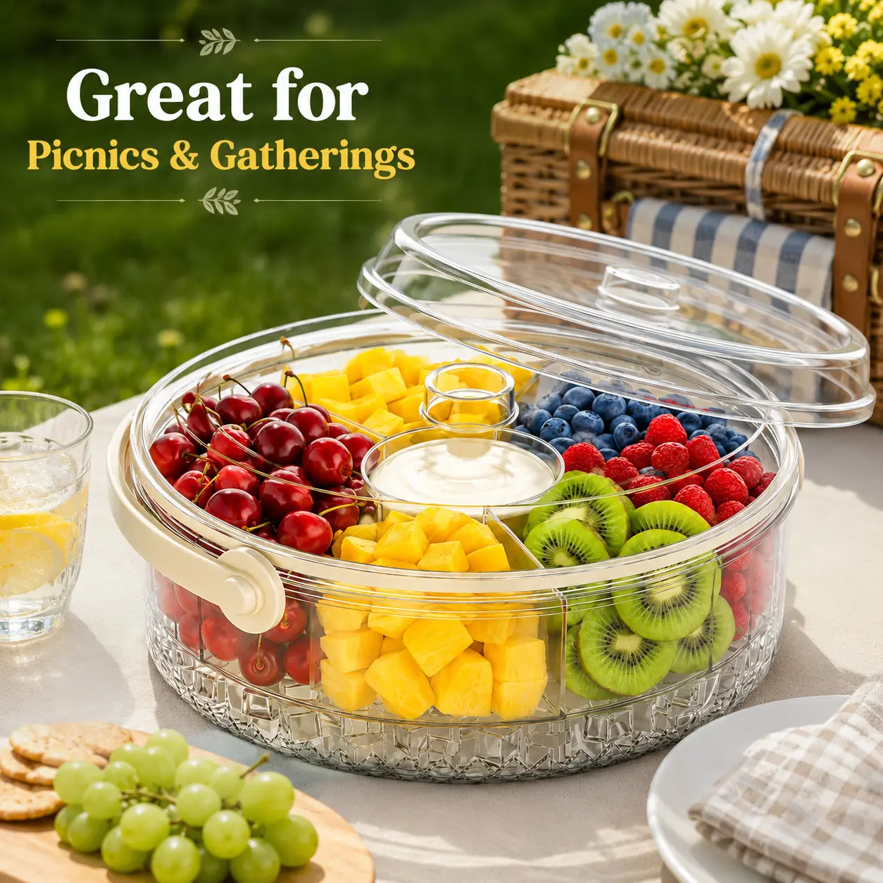 Portable Clear Divided Serving Bowl with Lid & Carrying Handle, Round 5 Compartments Fruit Platter, Acrylic Snack Tray for Dip Nuts Candy Fruits, Perfect for Picnic, Camping, Party, BBQ, Family Gathering