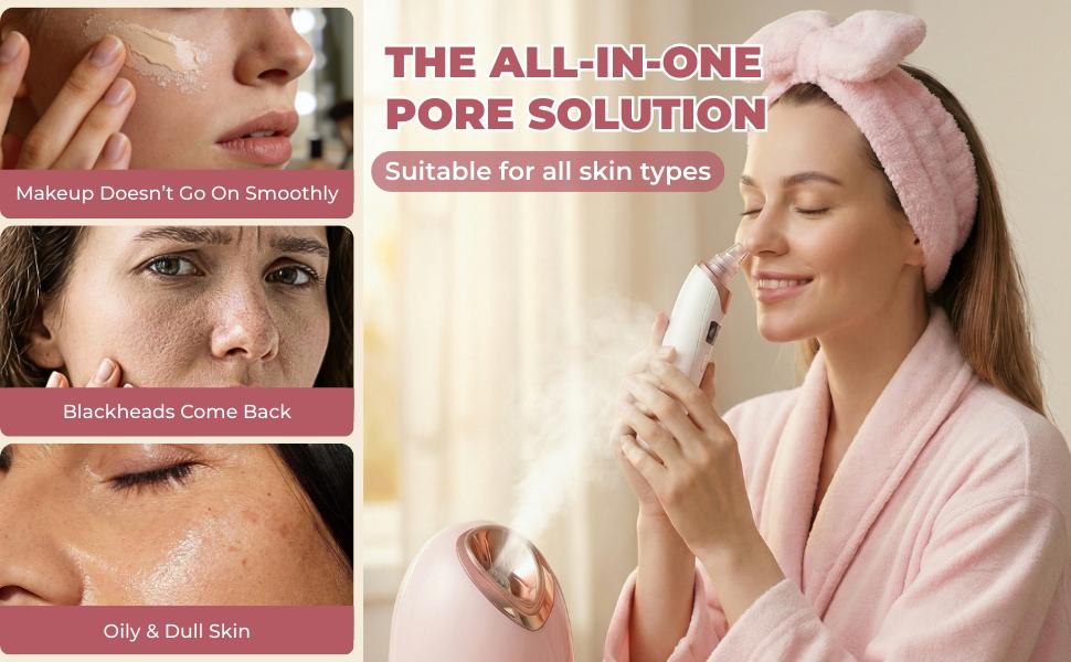 Pjordo 7-in-1 Nano Ionic Facial Steamer and Spa Kit for Deep Cleansing with Blackhead Remover Pore Brush in Pink Professional Home Use facial kit for girls  for her