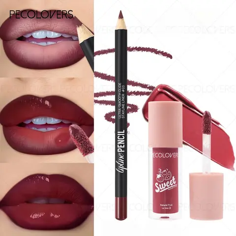 2PCS Waterproof Lip Liner & Lip Glaze Set, Lip Product, Red & Brown Matte Long-Lasting Duo, Smooth Comfortable Formula for Everyday Lip Makeup