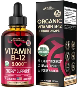 USDA Organic Vitamin B12 Sublingual Drops - 5000 mcg Liquid Vegan Methylcobalamin - Maximize Absorption - 2 Month Supply, 2 fl oz vitamin supplements