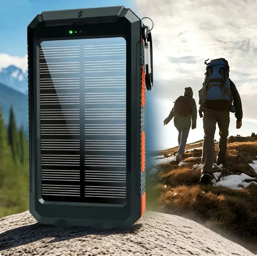 10000mAh Solar Power Bank, Fast‑Charging Portable External Battery, Dual USB Output, Built‑in LED Flashlight and Compass, Water‑Resistant Portable Charger for Camping Hiking Travel Outdoor Activities