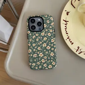 [Dual Layered Case] Tough, Dual Layered 2-In-One Film Spring Little Daisy Flowers Pattern Green Case |   for iPhone Plus, Pro, Max, Durable, Drop-proof, Perfect Birthday Wedding Gifts for Friends Family Loved Ones Smartphone Shockproof
