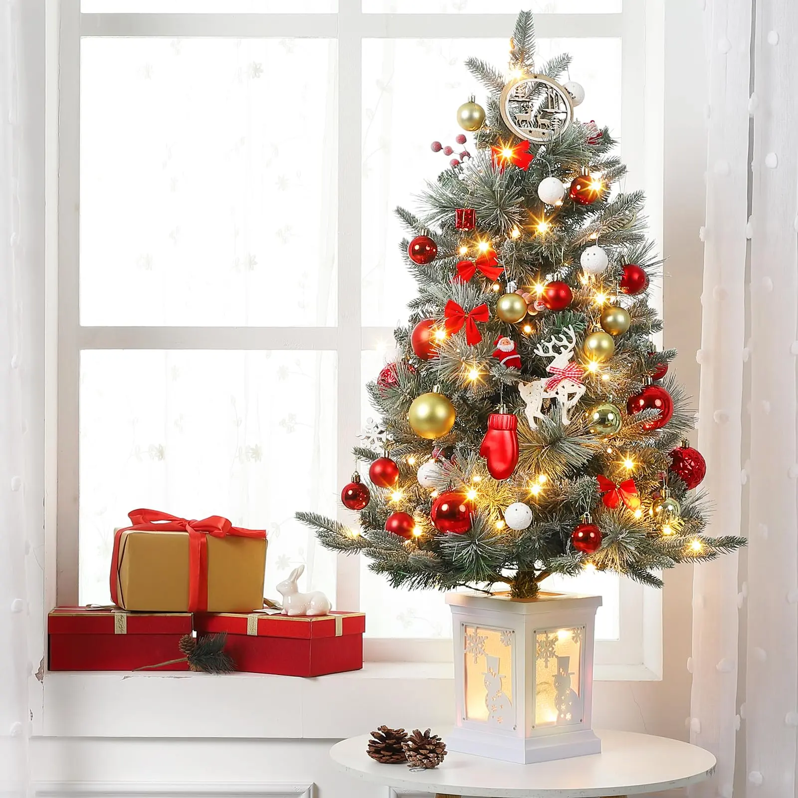 3FT Prelit Snowman Artificial Christmas Tree with Warm White LEDs – Snow Flocked Mini Pine Tree for Home, Office, Outdoor Decoration, 8 Modes, White Base – 1PC