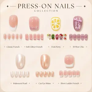 Short Square Press On Nails for Women, Cute Kawaii Glue On Fake Nails with 3D Bow, Fruit Print, Cat Eye, Pearl and Glitter French Tip Design, Full Cover Acrylic Look False Nails for Summer Daily Wear, Party, Vacation DIY Manicure Set