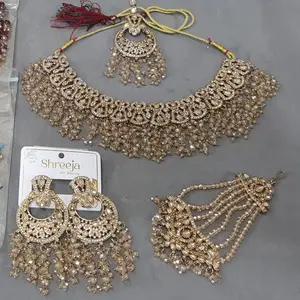 Indian Polki 4-Piece Jewelry Set - Necklace, Earrings, Passa, and Tikka - Sapphire & Emerald Fashion Accessories