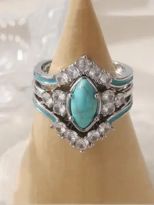 3 Pieces/set Fashionable and Simple Synthetic Turquoise with Synthetic Zircon Crown Shaped Ring, Women's Handmade Jewelry Suitable for Travel and Vacation, The Ideal Gift for Women