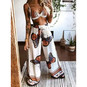 two-piece Sexy Butterfly Print Halter Top & Wide Leg Pants Set, Women's Crop Top and Pants Outfit Clothes Suits Fabric Womenswear Polyester Spandex