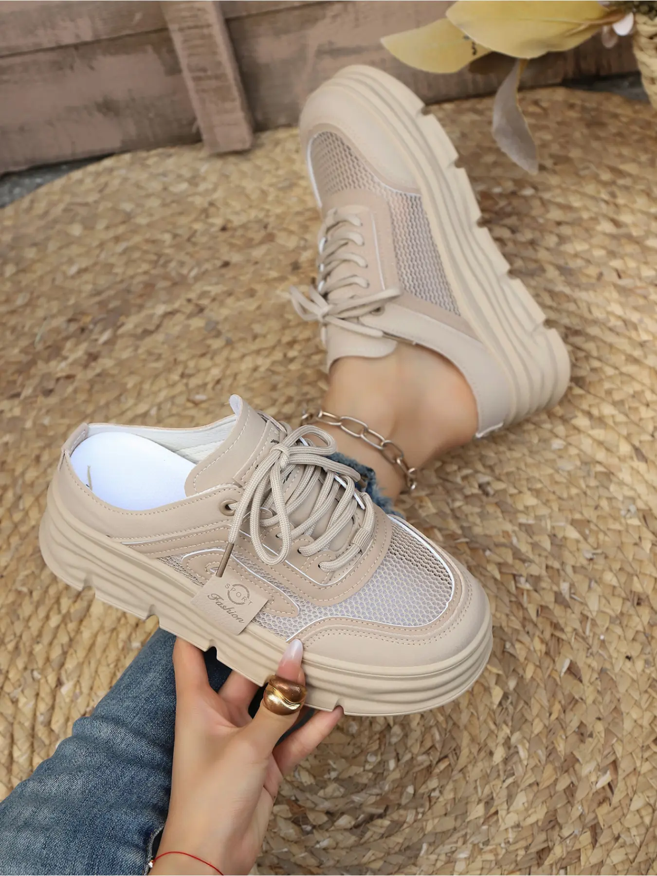 Women's Mesh Platform Mule Slippers Slip On No Heel Lazy Shoes Thick Soled Breathable Mules Casual Beach Sandals Cross-Border Summer Footwear