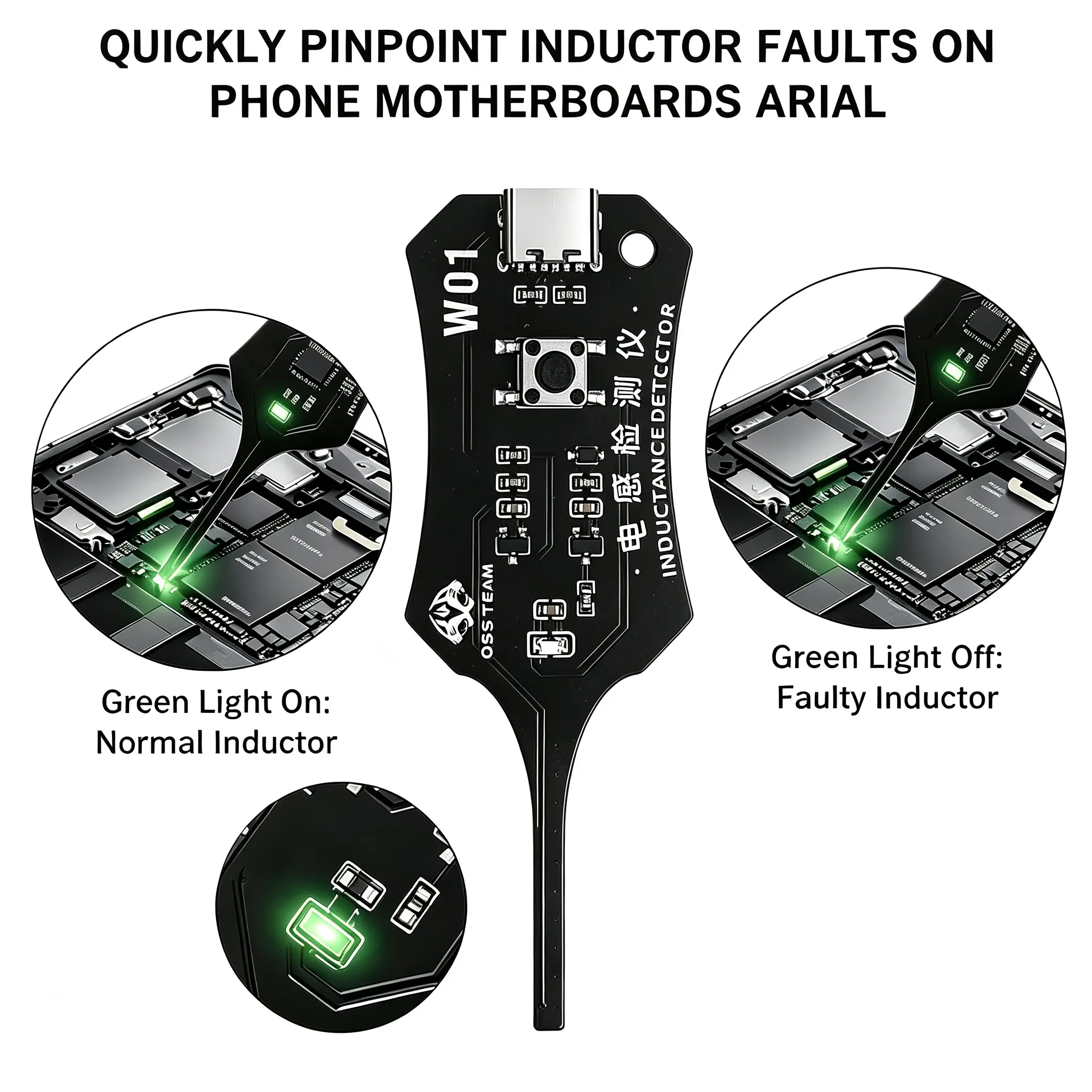 Electromagnetic Induction Tester, Portable Type-C Inductor Fault Detector, Phone Motherboard Coil Tester for Electronic Circuit Board Quick Fault Check Repair