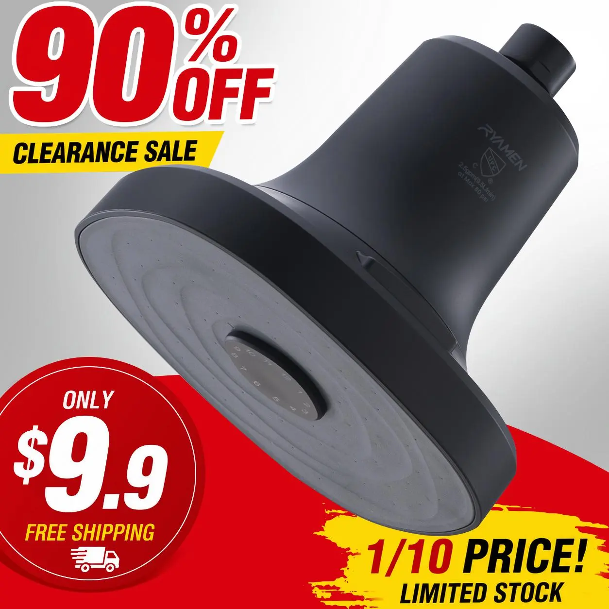 CLEARANCE Ryamen High-Pressure Filtered Shower Head | Pressure-Boosting Waterway | 99.8% Chlorine Reduction