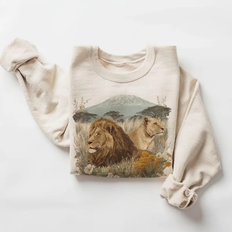 Vintage (Phuhi) African Lions Wildflowers Summer Safari Sweatshirt - 90s Cute Lion Lioness Mount Kilimanjaro Outfit - Boho Unisex Adult and Youth T-shirt