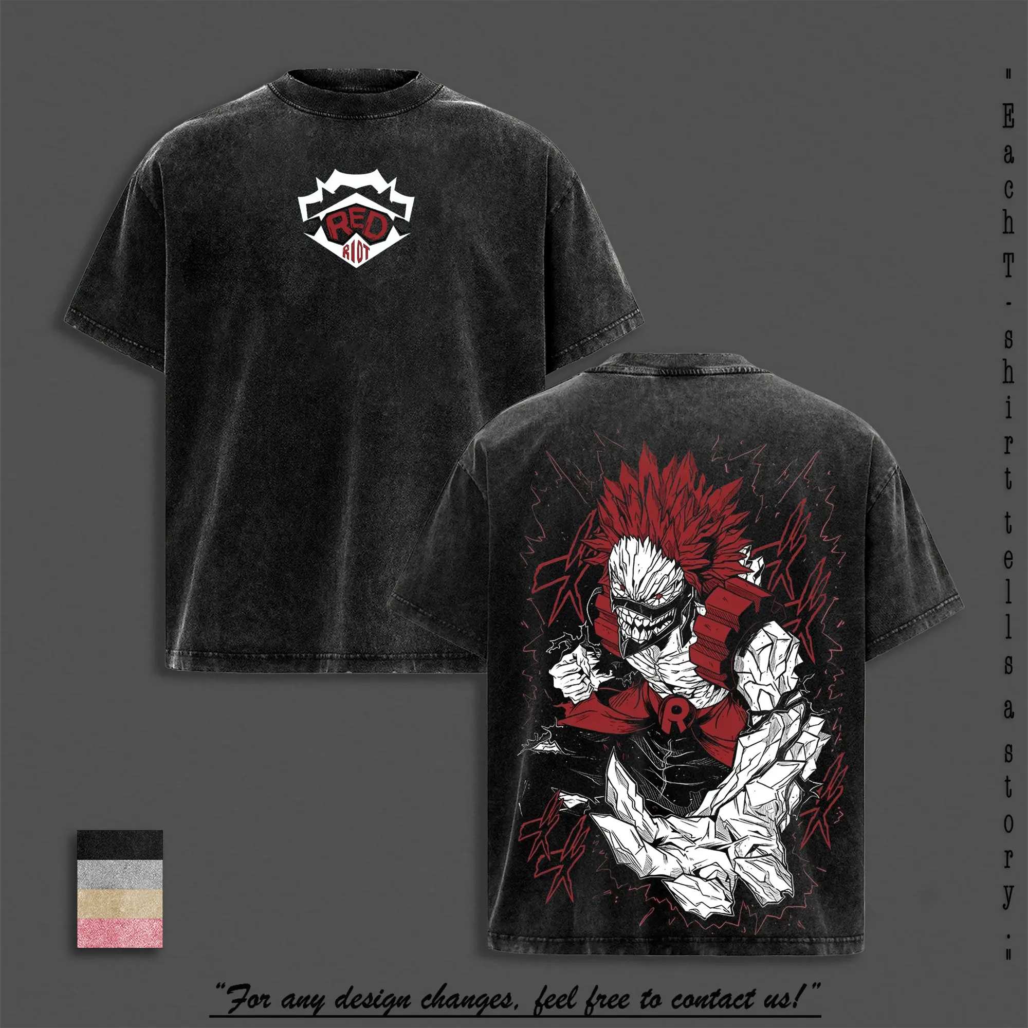 Eijiro Kirishima "Red Riot" Vintage Oversized Washed T-Shirt, My Hero Academia Heavy Cotton Graphic Tee, Hardening Mode Retro Anime Streetwear Unisex Apparel Classic