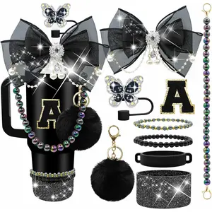 Letter Stickers Bling Accessories Set for Stanley 40/30/20 oz Tumbler: Bow Straw Topper, Charms, Butterfly Cap, Pearl Strap, Silicone Boot, Accessories for Stanley Quencher H2.0