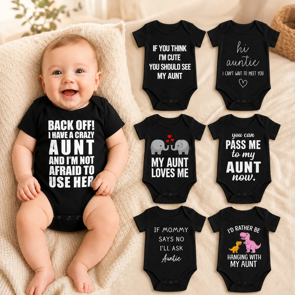 Unisex Cotton Short-Sleeve Bodysuit Romper for 0-3M/0-18M Infants, Funny Aunt Family Saying Printed Jumpsuit, Button-Closure Baby Items for Birthday/Shower Gift (Boy/Girl)