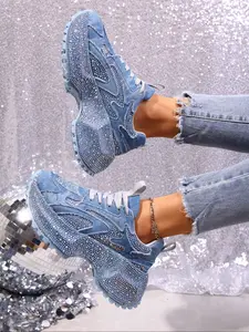 Women's Rhinestone Dad Shoes New Thick Sole Height Increasing Casual Sneakers, Stylish Sneaker, Unique Design Comfortable All Season Footwear