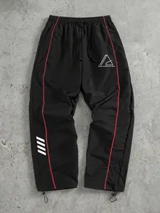Men's Triangle Print Trendy Sporty Pants with Lines, Gym Workout Running Trousers with Side Pockets, Spring Fall Athletic Quick Dry Breathable Sweatpants, Drawstring Elastic Waist, Adjustable Cuffs