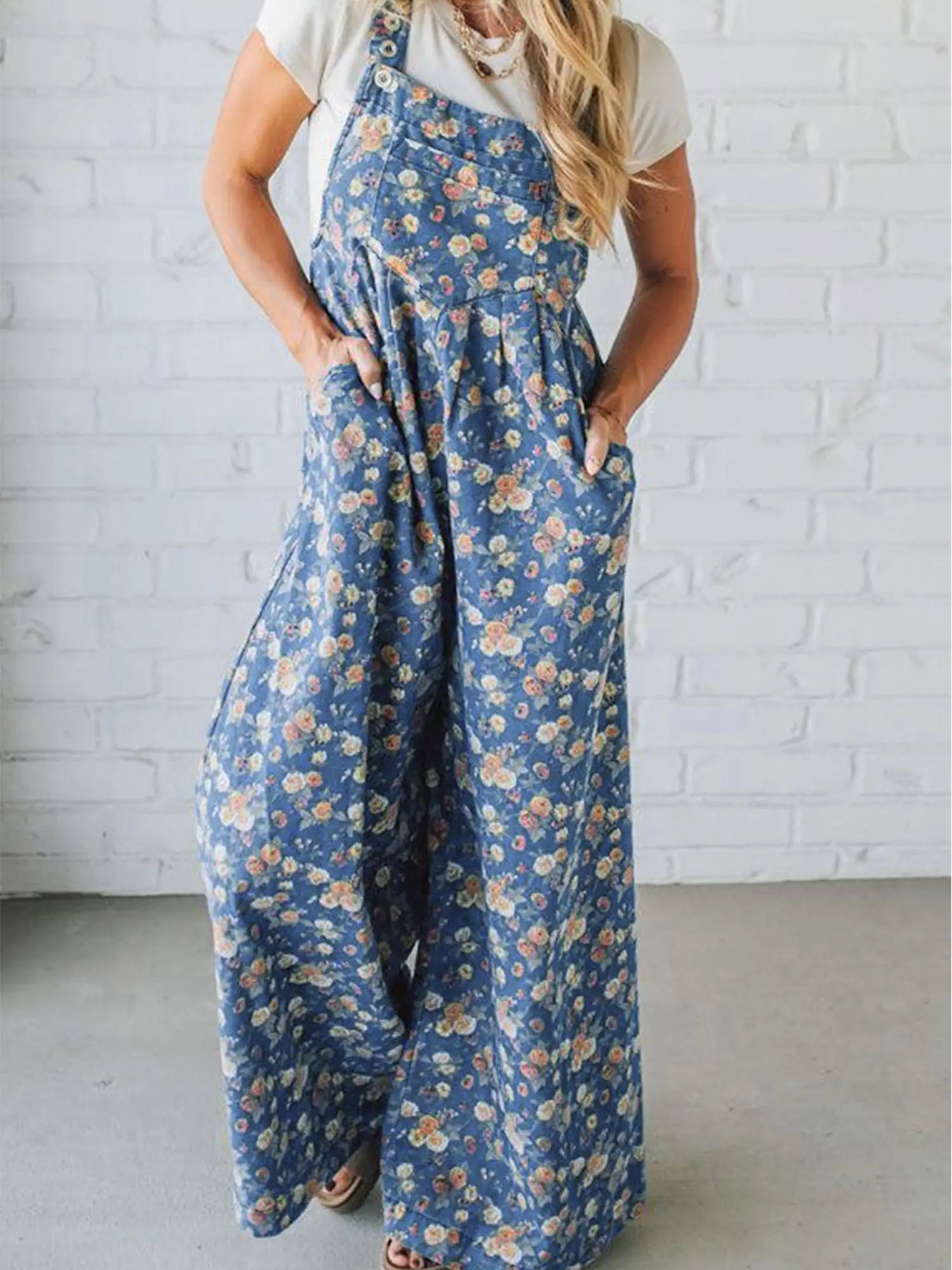 Blue Vintage Rose Printed Denim Overall Jumpsuit for Women, Casual Floral Overalls
