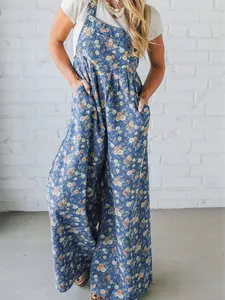 Blue Vintage Rose Printed Denim Overall Jumpsuit for Women, Casual Floral Overalls