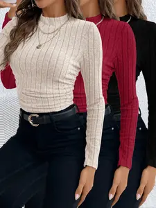 Women's 3-Piece Autumn Winter Knitted Striped Half High Round Neck Long Sleeve T-Shirt Set, Inner Wear & Outerwear Knitwear