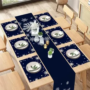 2D flat printing, 5/7-piece set of elegant Christmas snowflake holiday pattern table flags and placemats, decorative kitchen and dining table accessories, suitable for seasonal family party table decoration for indoor and outdoor and daily dining