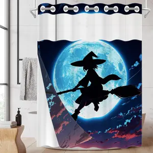 1 Pack No Hook Double Layer Shower Curtain, Halloween Witch Moon Print Bath Curtain, Waterproof, Mildew Resistant, Durable Fabric, Spooky Home Decor, Removable Liner, Top See-Through Window, Partition Curtain 71"×74"