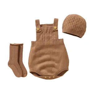 Baby Knitted Outfit Set, Newborn Romper with Beanie & Socks 3PCS Warm Knit Clothes Set for Infant Boys Girls 0-12 Months