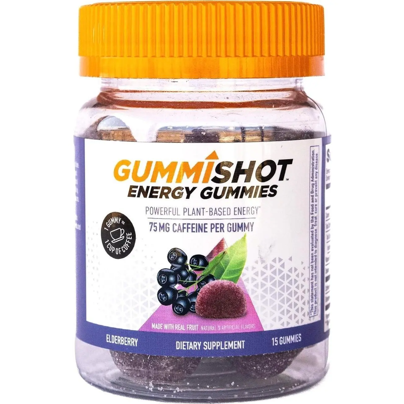 GummiShot Energy Gummies, 1125 mg of Plant-Based Caffeine Chews per Bottle, Long Lasting Energy Boosters, Elderberry (15ct)