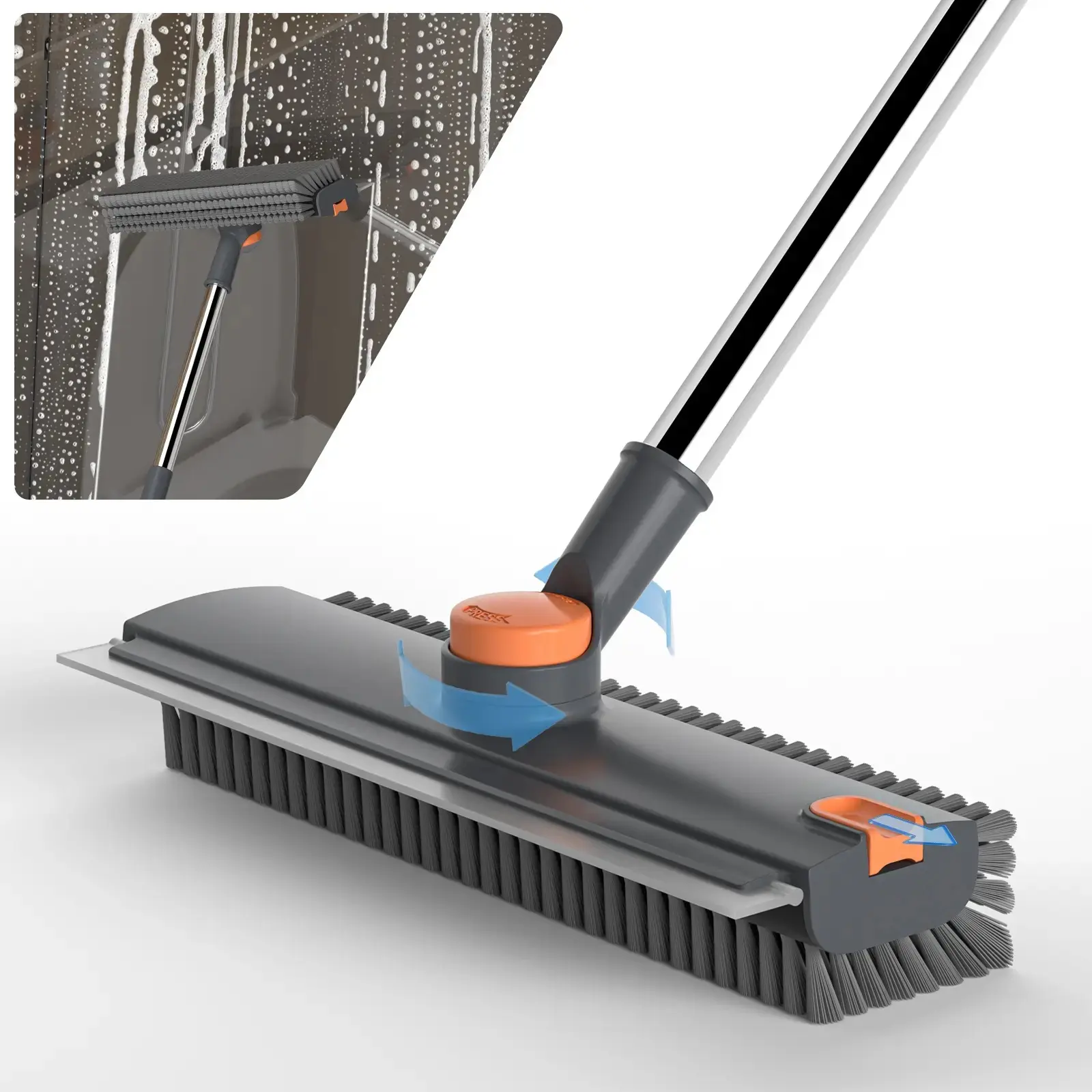 3-in-1 Heavy-Duty Stiff Bristle Floor Scrub Bathtub Brush, 360° Rotatable with Squeegee Extendable Steel Handle - Silicone Scraper for Bathroom Glass, Home Cleaning Supplies Summer Gift