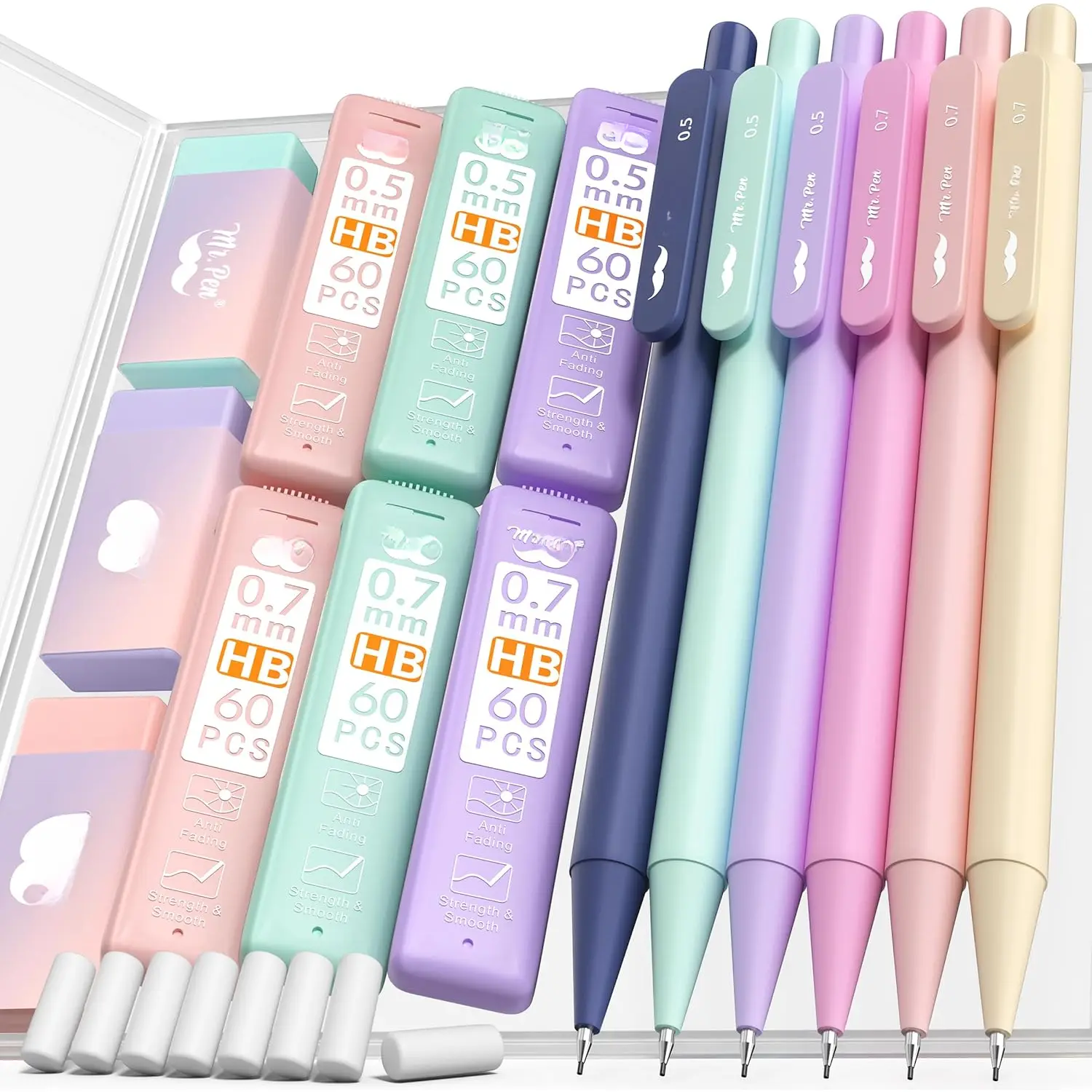 - Pastel Mechanical cil Set with Lead Refills & Erasers, 6 Pack, 2 Sizes, 0.5 0.7mm, Aesthetic Mechanical cils Set