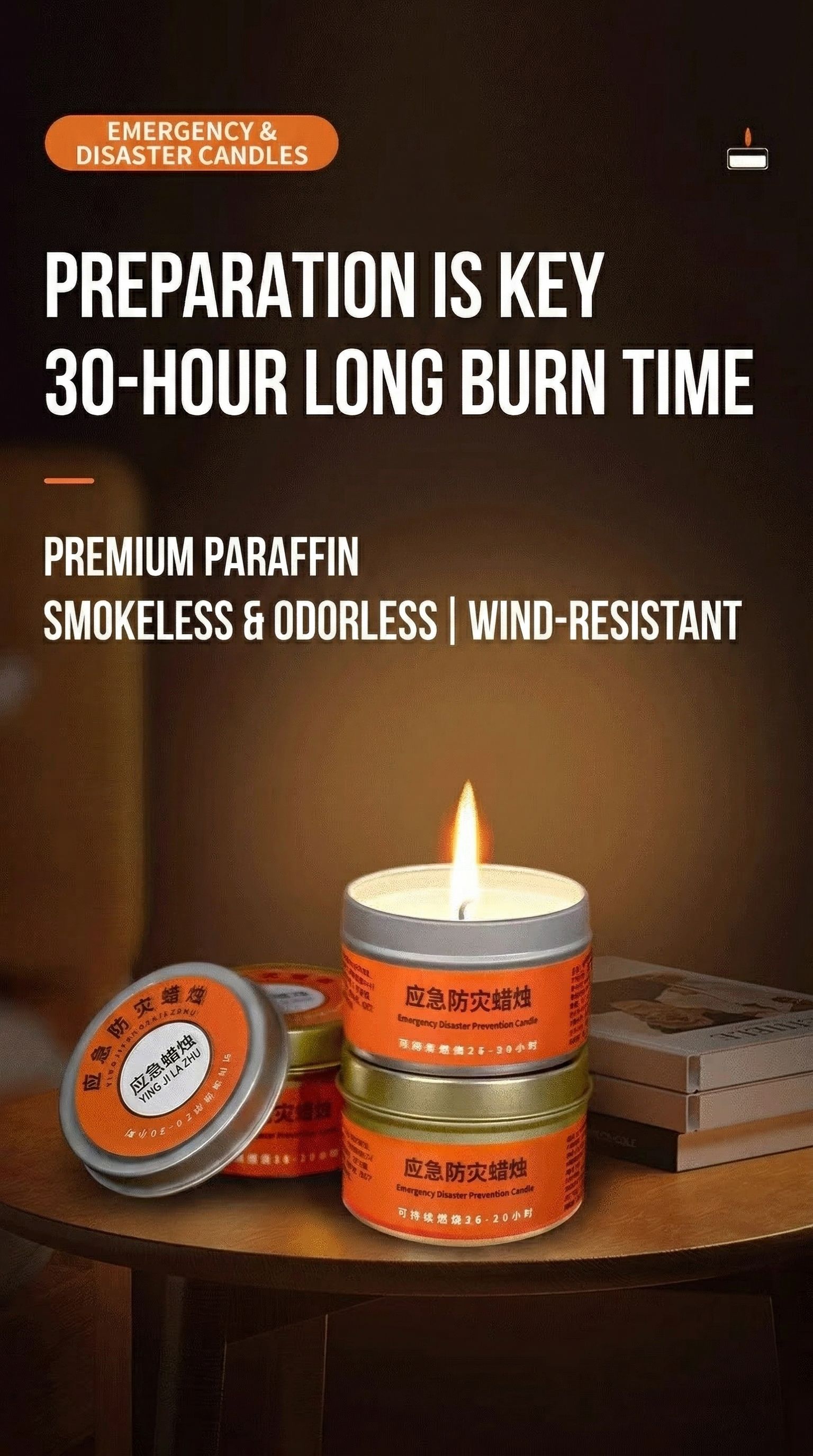 Long-Burning Emergency Candles (Pack of 3) - 30 Hour Burning Time Per Candle - Reliable Heat & Light for Survival Kit, Power Outage, Camping, & Disaster Preparedness - 100% Cotton Wick In Secure Tins