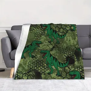 Ultra-Soft Green Dinosaur & Hexagonal Pattern Flannel Throw Blanket - Lightweight Plush & Tear Stain-Resistant - Ideal for Bed Sofa Travel - Cozy Blanket