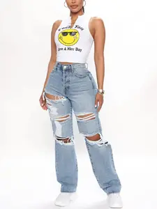 Seeking Thrills Shredded Straight Leg Jeans - Medium Wash