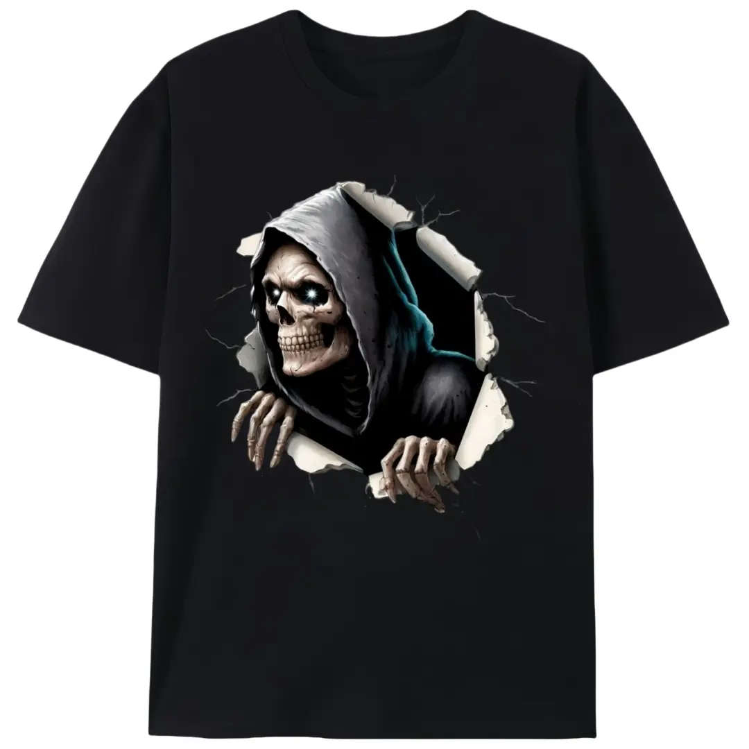 Men's Cotton Knit Stretch Short-Sleeve T-Shirt - Round Neck, 3D Grim Reaper Skull Print, Gothic Hardcore Streetwear, Horror Lover Gift, Moderate Stretch Cotton Fabric Casual Unisex Retro Clothes