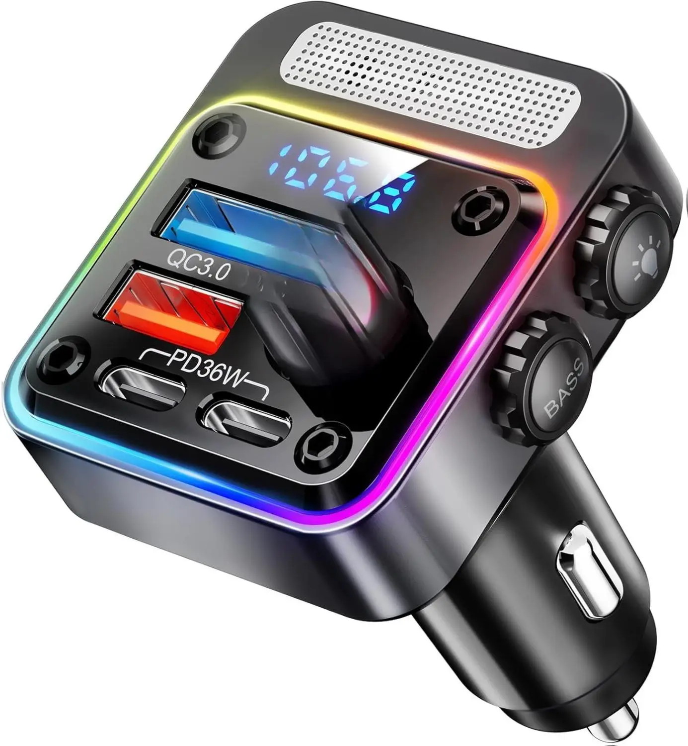 Nulaxy 54W Bluetooth 5.3 Car Adapter with 4 Charging Ports [PD 36W & QC3.0 18W], Wireless Radio FM Transmitter with Deep Bass Player & 5 Colors LED Backlit, Hands-Free Calling, Black Multifunctional Charger
