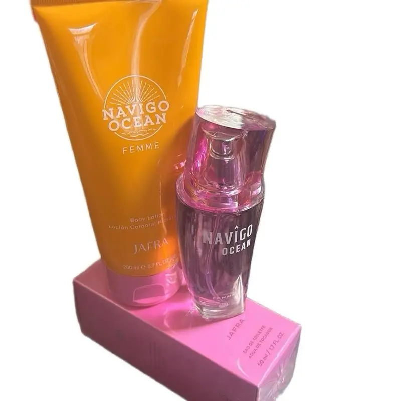 Jafra Navigo femme ocea 1.7 f oz with lotion 6.7 fl oz women glass bottle and box