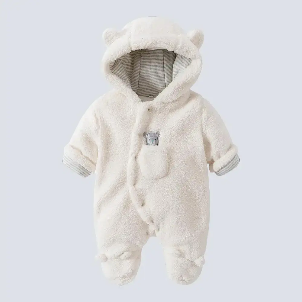Banbanda Baby Animal Bear Graphic Snowsuit - Unisex Long Sleeve V-Neck Fleece Jumpsuit with Hood, Snap Button/Button Warm Footie Romper for Newborn Infants in Winter