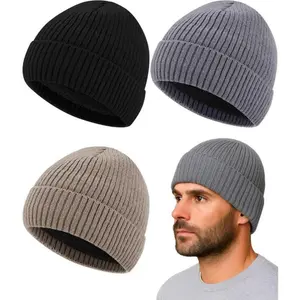 Men's 3-Pack Knitted Beanie Hats - Ribbed, Fleece-Lined Winter Skull Caps, Thick Thermal, Cozy Windproof, Sport-Friendly for Outdoor Running & Casual Daily Wear (Black, Gray, Khaki)