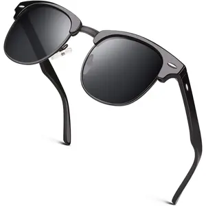 Classic Horn Rimmed Semi Rimless Polarized Sunglasses for Men Women LED Light Blocking Stickers angular glasses Adjustable Round lazy costa Large Retro