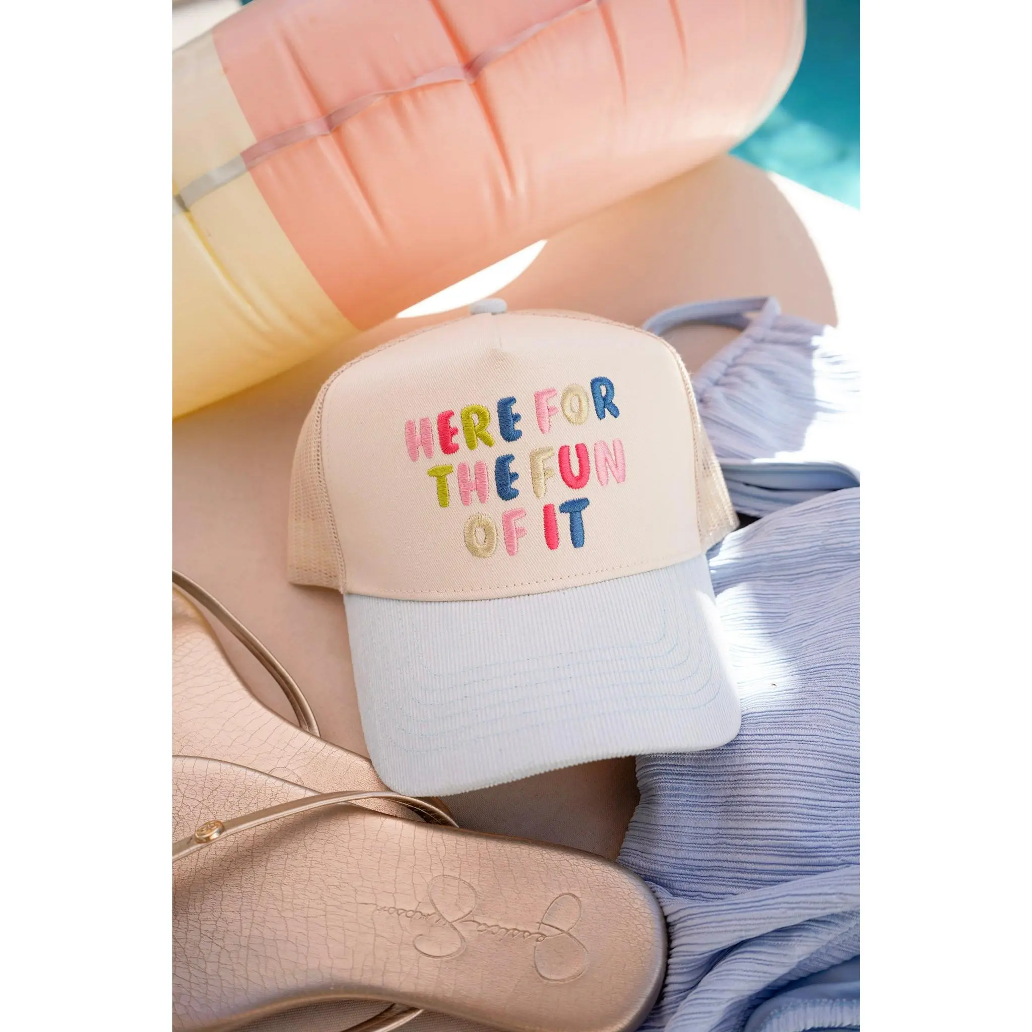 Here for the Fun of it - Baby Blue Corduroy Trucker Hat, Embroidered Snapback Adjustable Trucker Hat, Fashion Accessories for Women