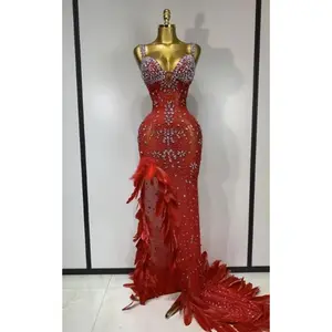 Women's Sandra Luxury Soft Fitted Red Feather Rhinestone High-Slit Evening Dress - Elegant Formal Wear with Statement Design