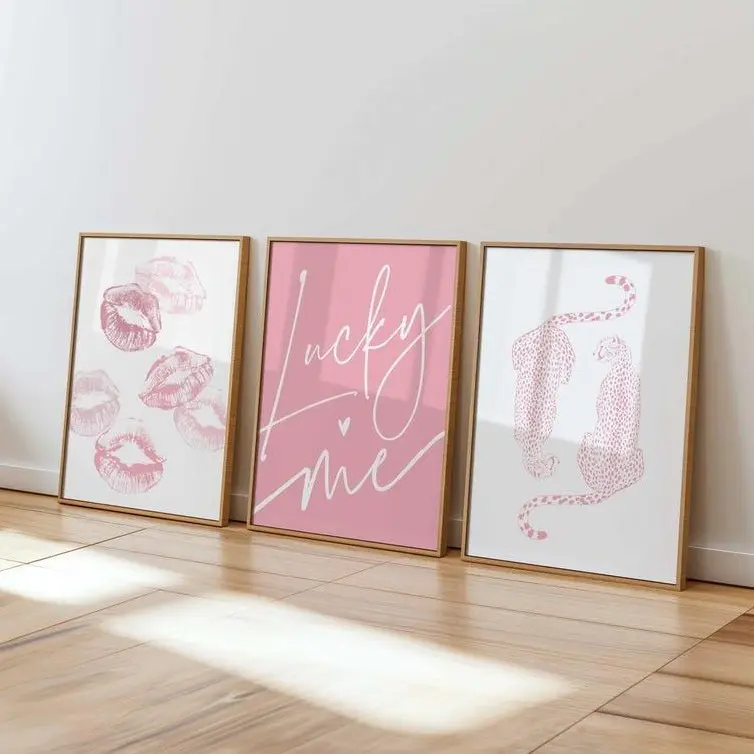 Pink Leopard Preppy Wall Art Set of 3, Cheetah Lucky Me, Kisses Leopard Pink