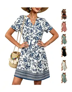 Summer Dress Dresses for Women Casual Summer V Neck Wedding Guest Dress Short Sleeve Fashion Beach Vacation Clothes Womenswear Shortsleeve Floral