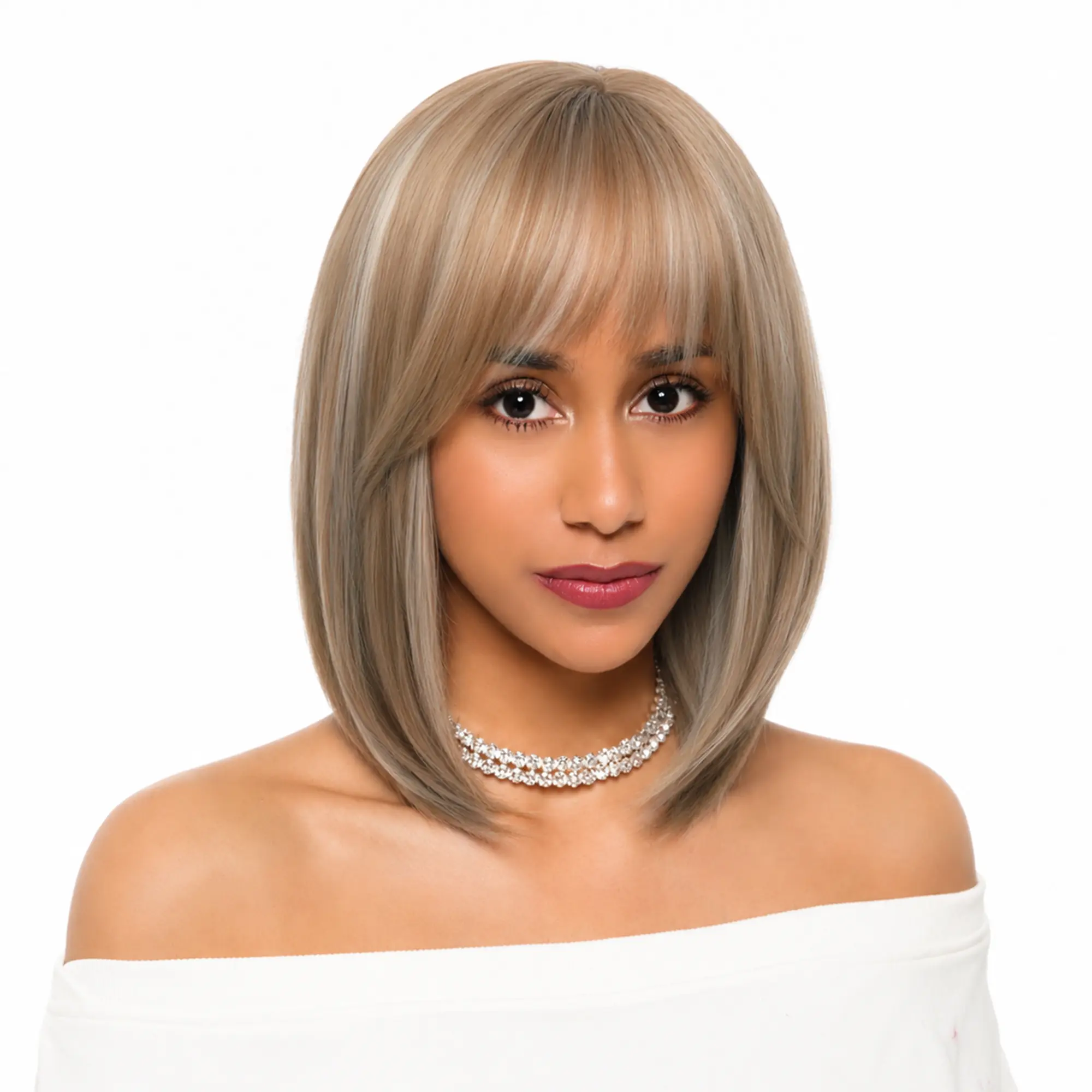 New 14-Inch Tanned Rose Gold Brown (Thin Platinum Blonde Highlights) Straight w/ Fettered Bangs Synthetic Wig | 【Heat Resistant】 【Cap Included】 | 62FSGB